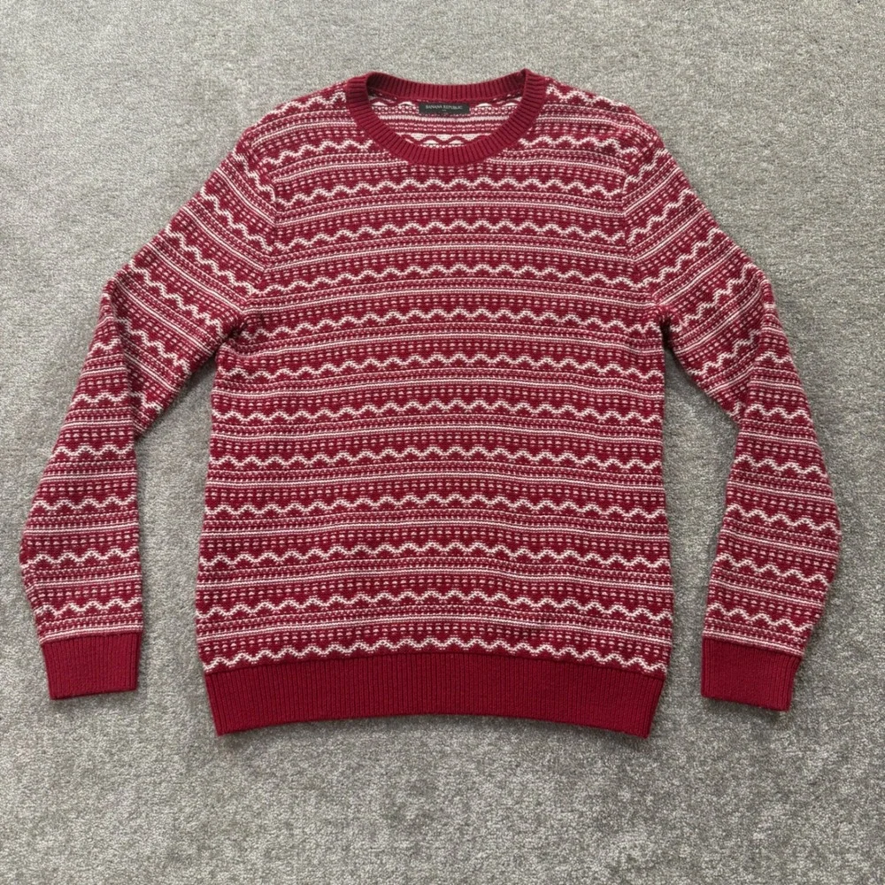 Banana Republic Fair Isle Sweater Mens Medium Burgundy White Knit HOL20 65322201